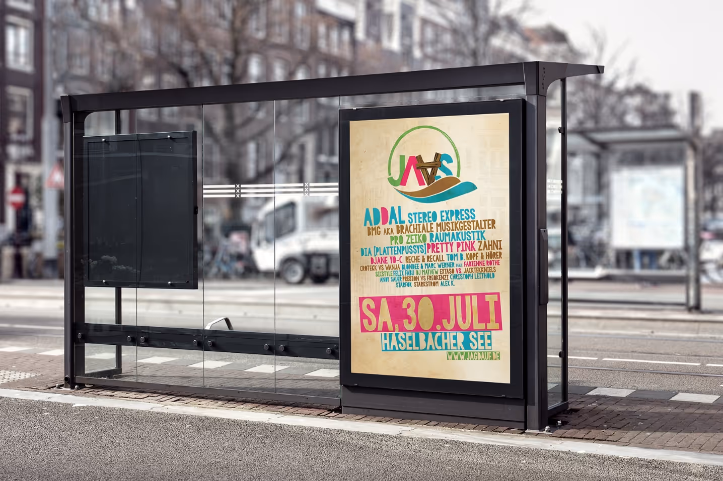 Modern bus stop shelter with a colorful event poster for a July 30th music festival at Haselbacher See.