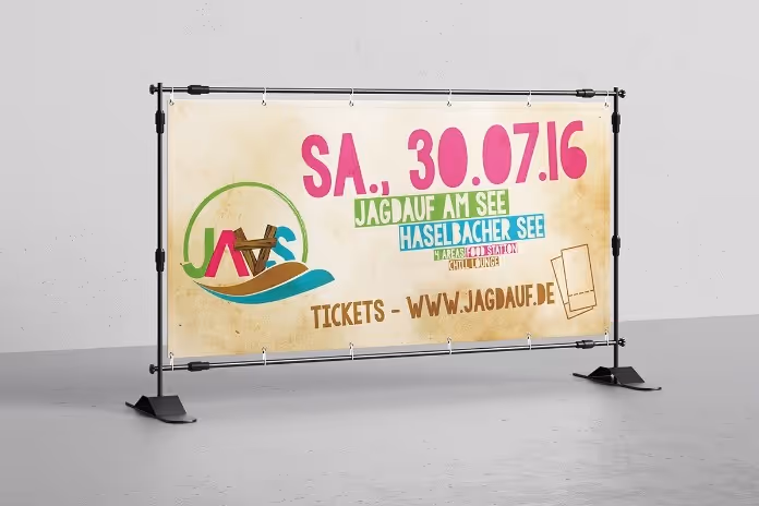 Banner advertising an event on Saturday, 30.07.16 at Jagdauf am See, Haselbacher See, with ticket information at www.jagdauf.de.