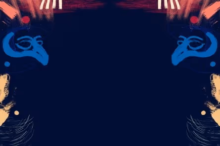 Abstract dark blue background with mirrored bright orange, red, and blue organic shapes and brush strokes framing the edges.