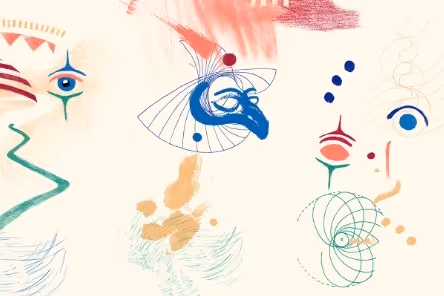 Abstract artwork with colorful shapes and lines including blue, red, green, and orange elements on a beige background.