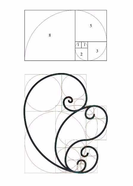 Two diagrams showing the golden spiral based on the Fibonacci sequence, with numbered squares and a black spiral overlay on the lower diagram.