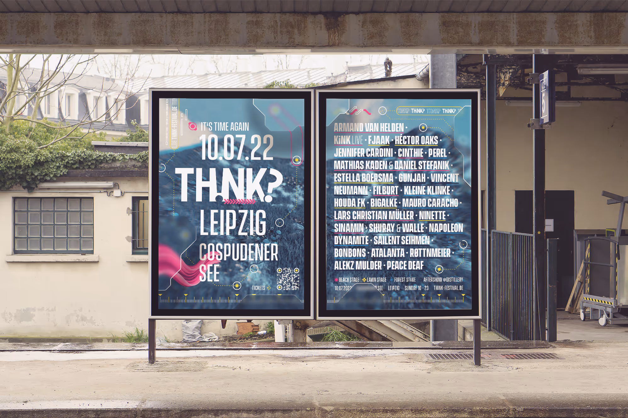 Two adjacent posters advertising the THNK? music festival in Leipzig on 10.07.22, listing performers and event details.