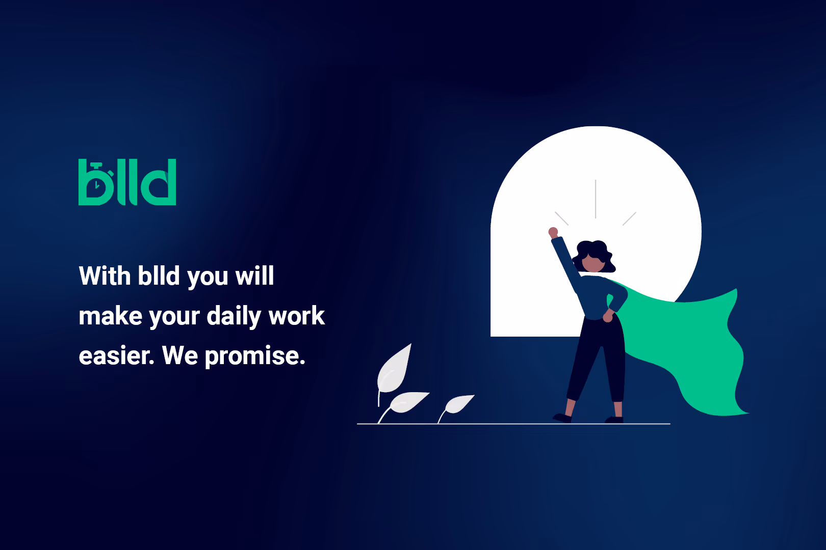 Illustration of a person with a green superhero cape standing triumphantly in front of a white circular background, alongside text promising to make daily work easier with bllld.