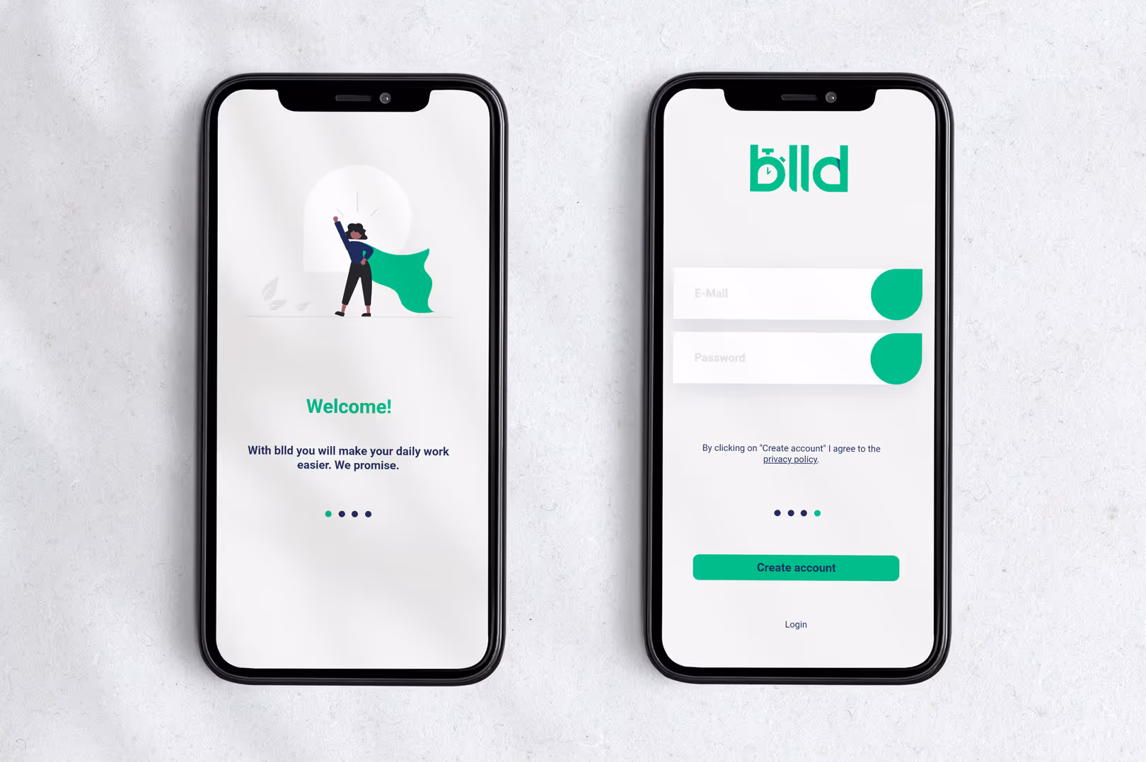 Two smartphones display Blld app screens: a welcome page with a person in a green cape and a login page with email and password fields and a create account button.