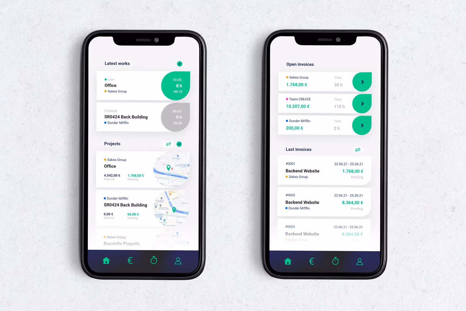 Two smartphones displaying a project management and invoicing app with lists of recent works, projects, and open invoices.