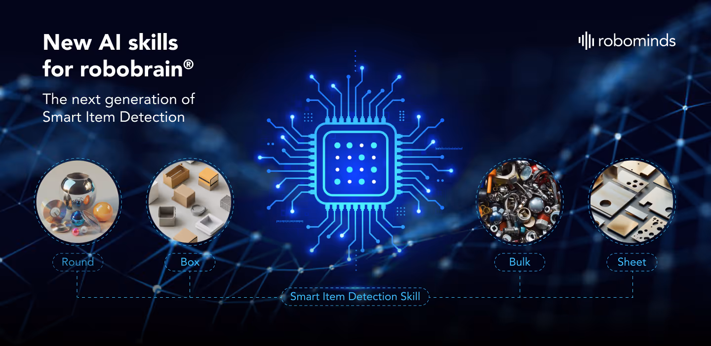 Graphic showing new AI skills for robobrain in smart item detection with icons representing round, box, bulk, and sheet items around a glowing blue microchip illustration.