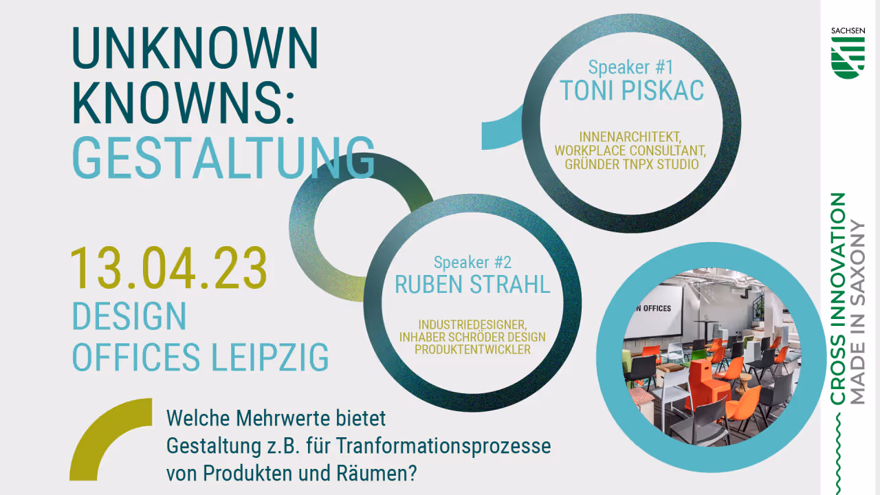 Event poster titled 'Unknown Knowns: Gestaltung' scheduled for April 13, 2023, at Design Offices Leipzig featuring speakers Toni Piskac, an interior architect and workplace consultant, and Ruben Strahl, an industrial designer and product developer.