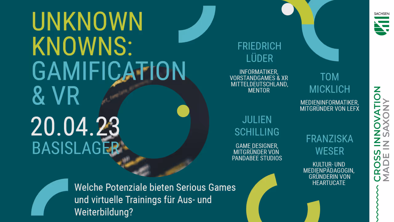 Event poster titled 'Unknown Knowns: Gamification & VR' dated 20.04.23 at Basislager, highlighting potential of serious games and virtual training for education, featuring speakers Friedrich Lüder, Tom Micklich, Julien Schilling, and Franziska Weser.