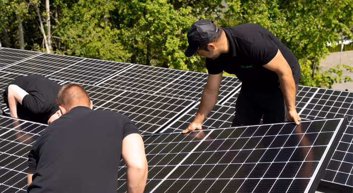 Two men installing solar panels on a rooftop surrounded by green trees.