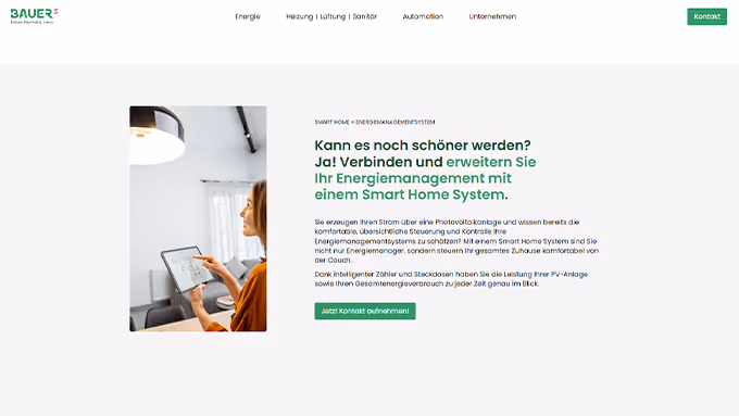 Woman using a tablet to control a smart home energy management system in a modern living room.
