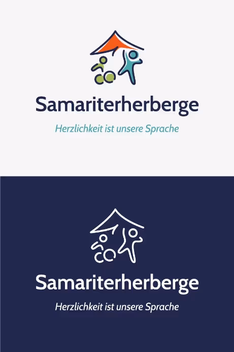 Two versions of the Samariterherberge logo featuring two stylized figures under a roof with the text 'Samariterherberge' and the tagline 'Herzlichkeit ist unsere Sprache.'