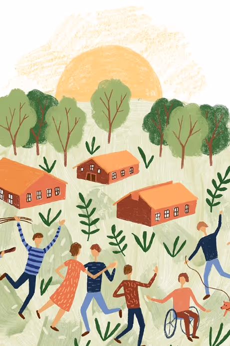 Illustration of people enjoying outdoors near trees and houses with the sun setting in the background.