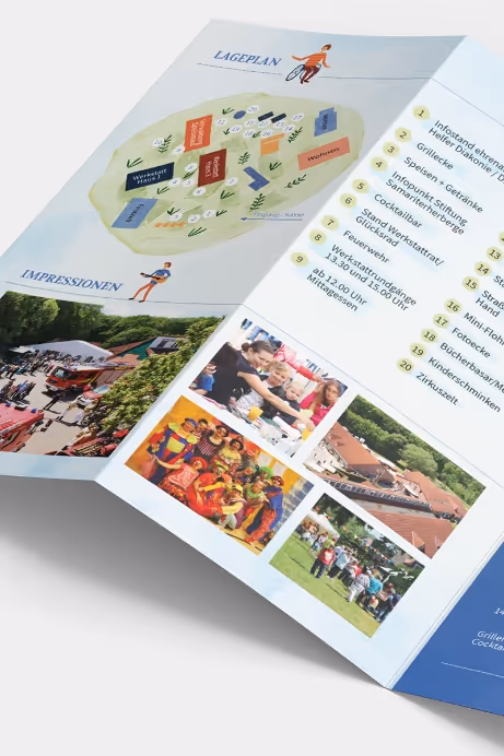 Open brochure showing a colorful area map titled 'Lageplan' and lists of event information and photos featuring community activities and performances.