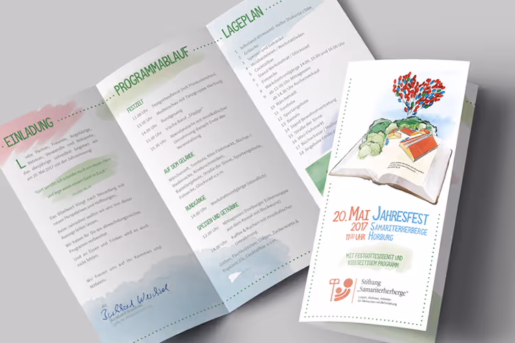 Tri-fold flyer with invitation, schedule, and location details for the 2017 Samaritan Hostel anniversary event on May 20, featuring an illustration of a book with balloons.