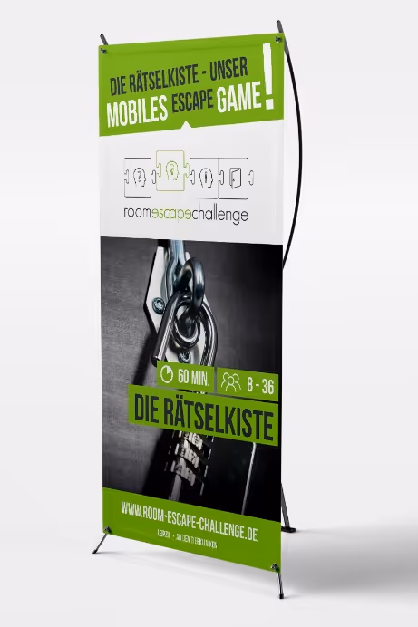 Green and white promotional banner for a mobile escape game called Die Rätselkiste with a locked padlock image and game details.