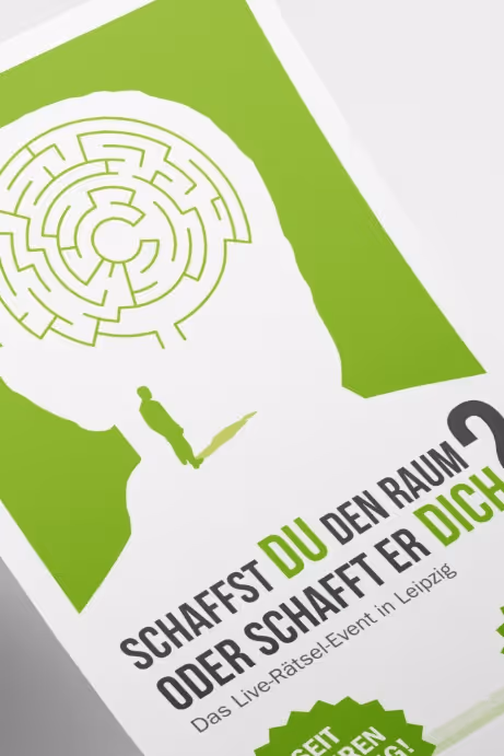 Flyer with a green and white design featuring a circular maze and silhouette of a person, with German text about a live puzzle event in Leipzig.