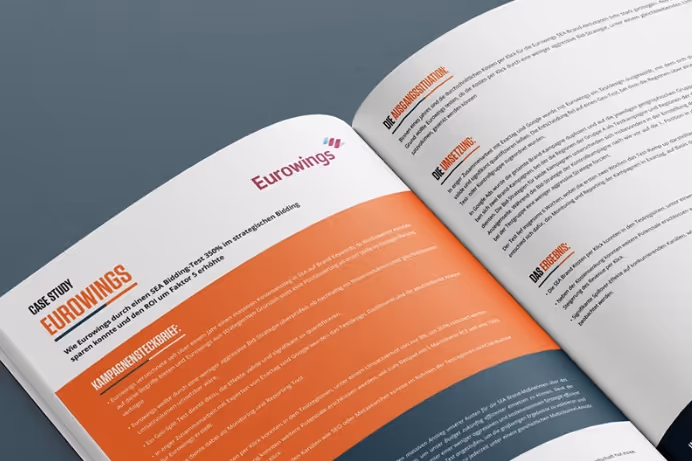 Open magazine spread showing a case study titled 'Eurowings' featuring orange and gray text blocks and the Eurowings logo.