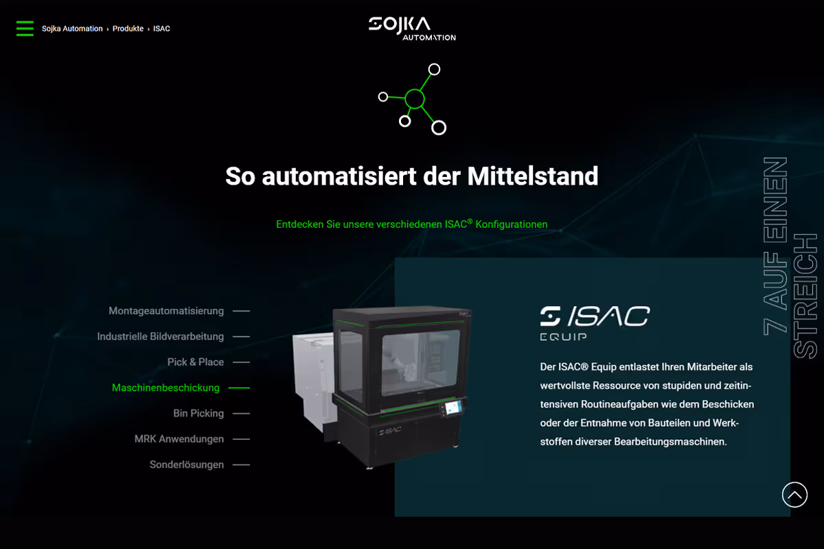 Sojka Automation ISAC Equip machine with text describing it automates routine tasks like loading and unloading parts from processing machines.
