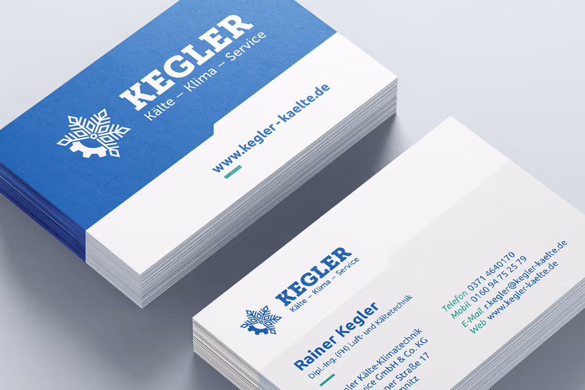 Stack of business cards for KEGLER, a cooling and air technology service company, showing contact details for Rainer Kegler.