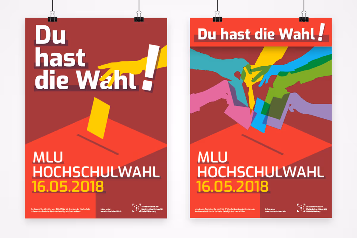 Two posters promoting MLU university elections on May 16, 2018, with colorful hands casting votes into a ballot box and the German text 'Du hast die Wahl!'