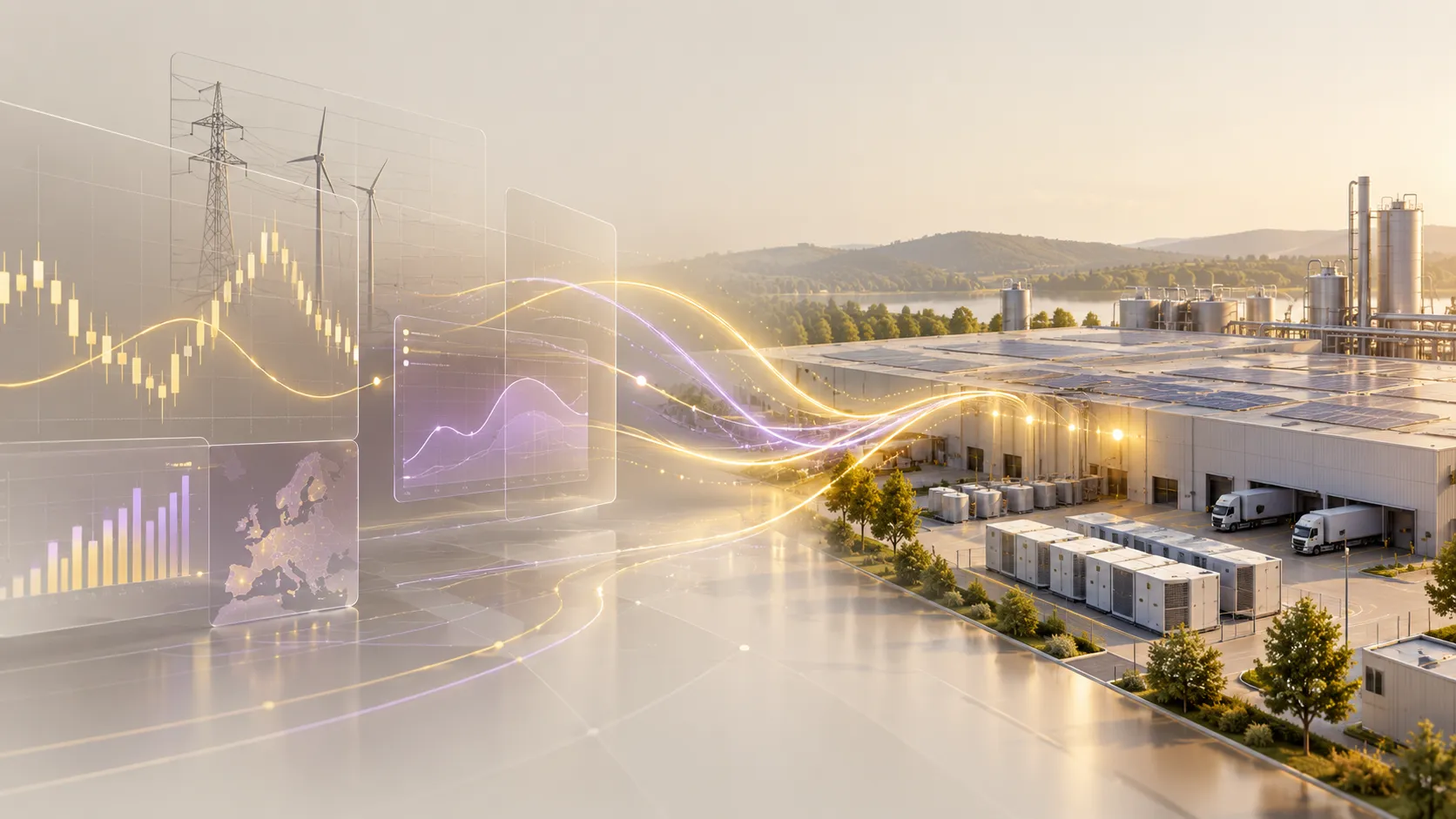 Industriegelände mit Solarpaneelen auf dem Dach, mehreren Lastwagen, Kühlcontainern und silbernen Lagertanks, vor hügeliger Landschaft und See, mit eingeblendeten digitalen Diagrammen und Kurven, die Energie- und Datenflüsse symbolisieren.
