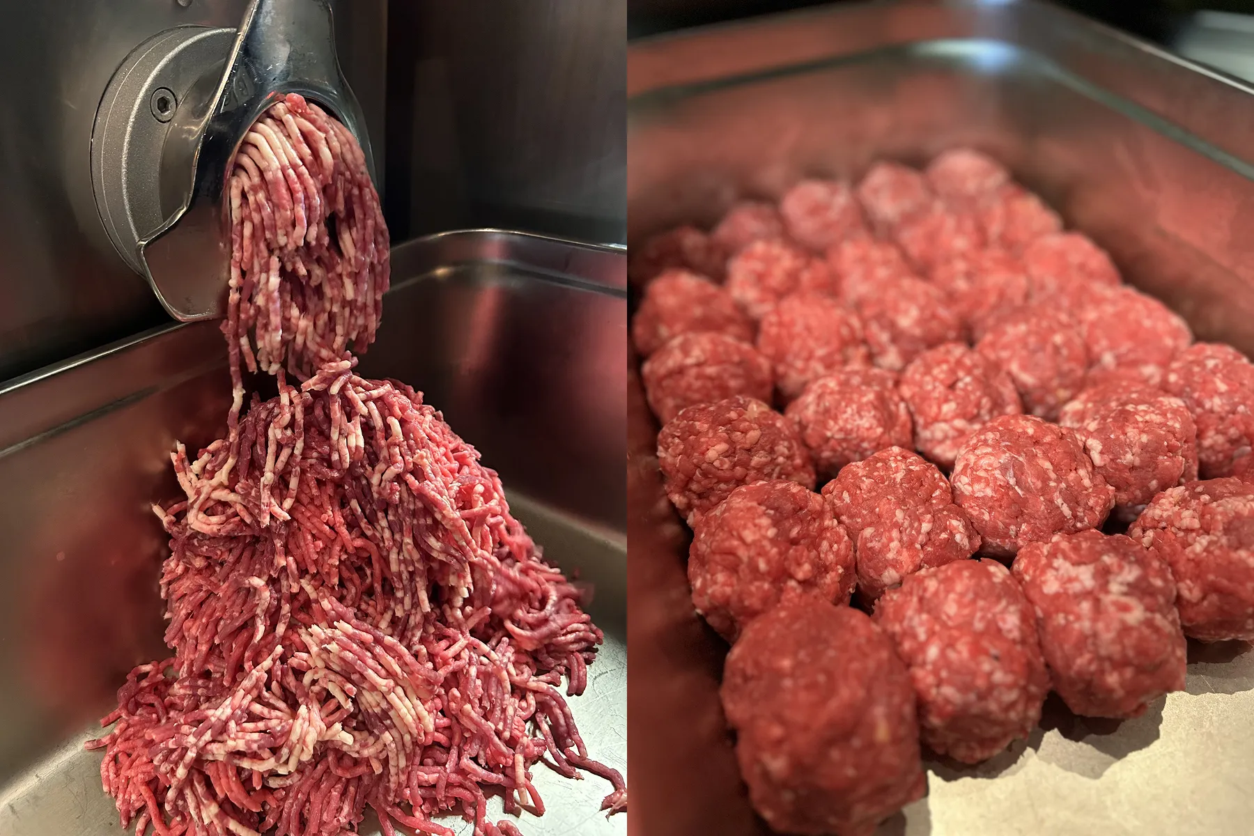 Kjøtt som kvernes og rulles til burgerpattys