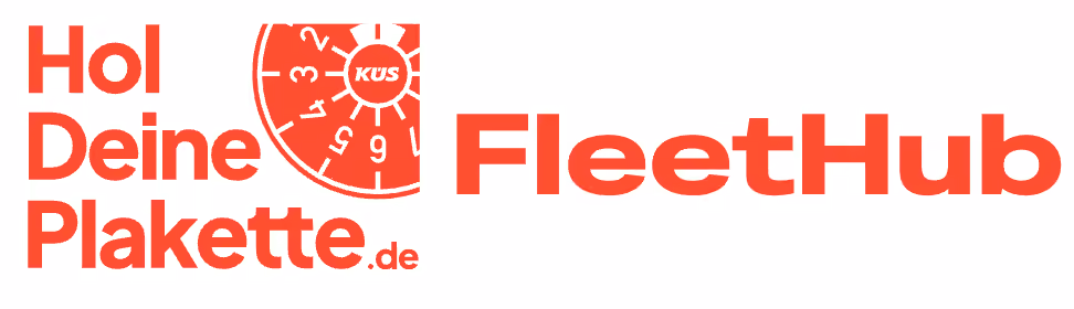 Combined logo lockup of HolDeinePlakette.de and FleetHub with a red inspection-sticker icon.