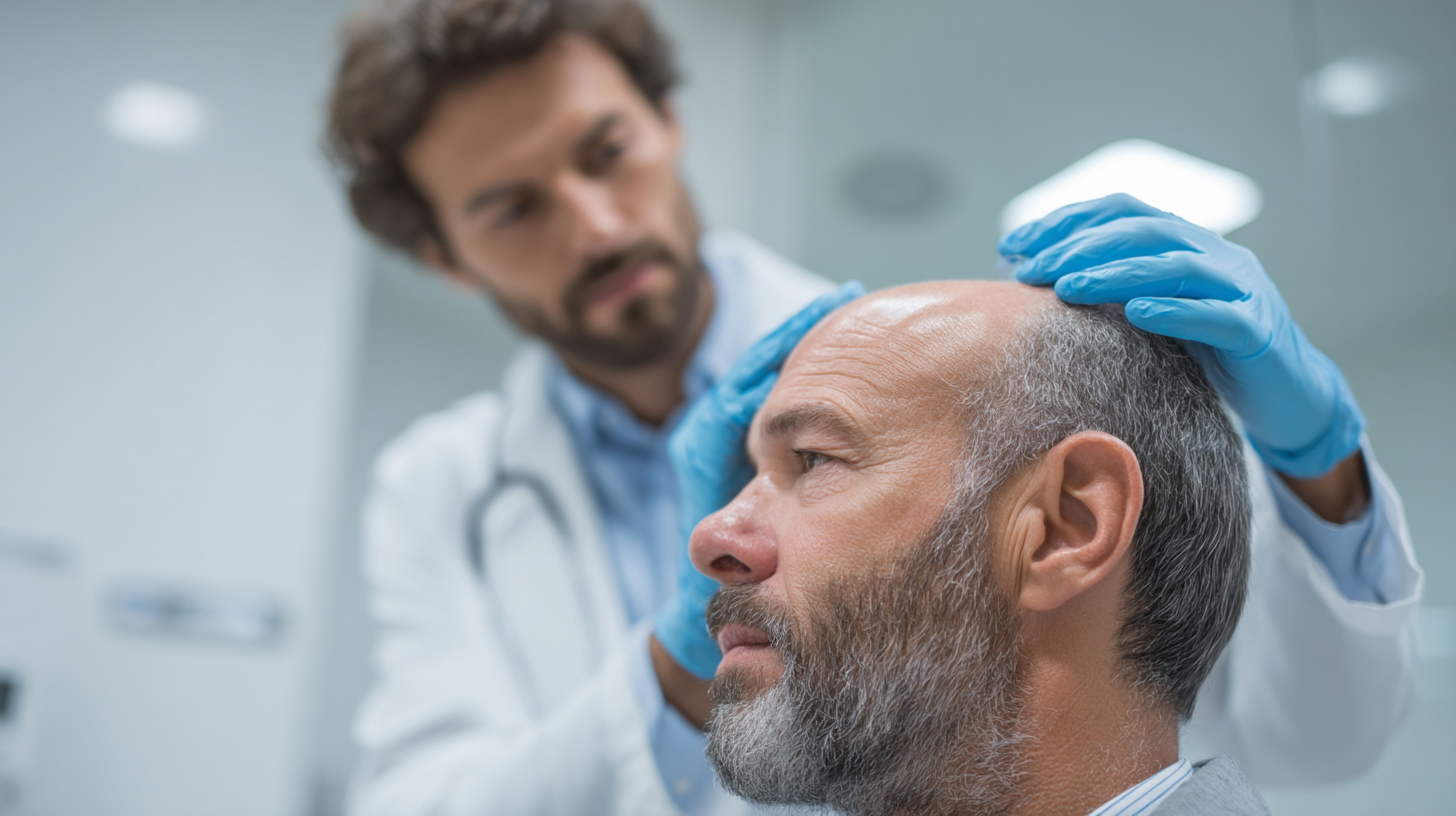 A man getting his hair cut by a doctor.