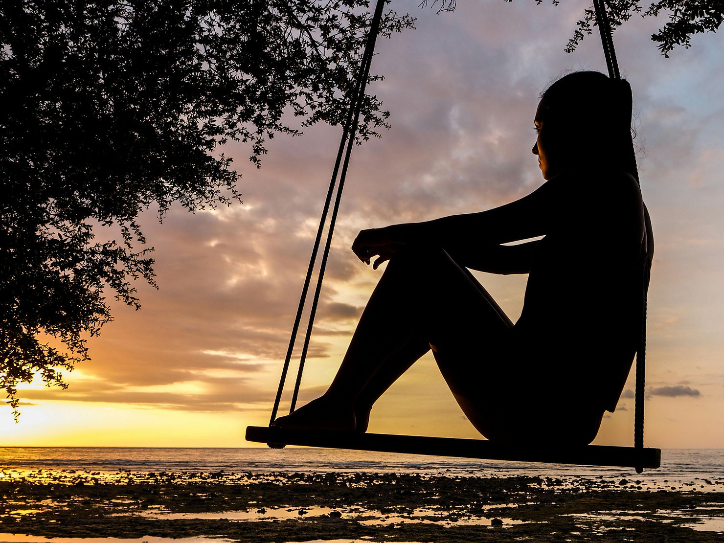 A woman sitting on swing looking at sunset