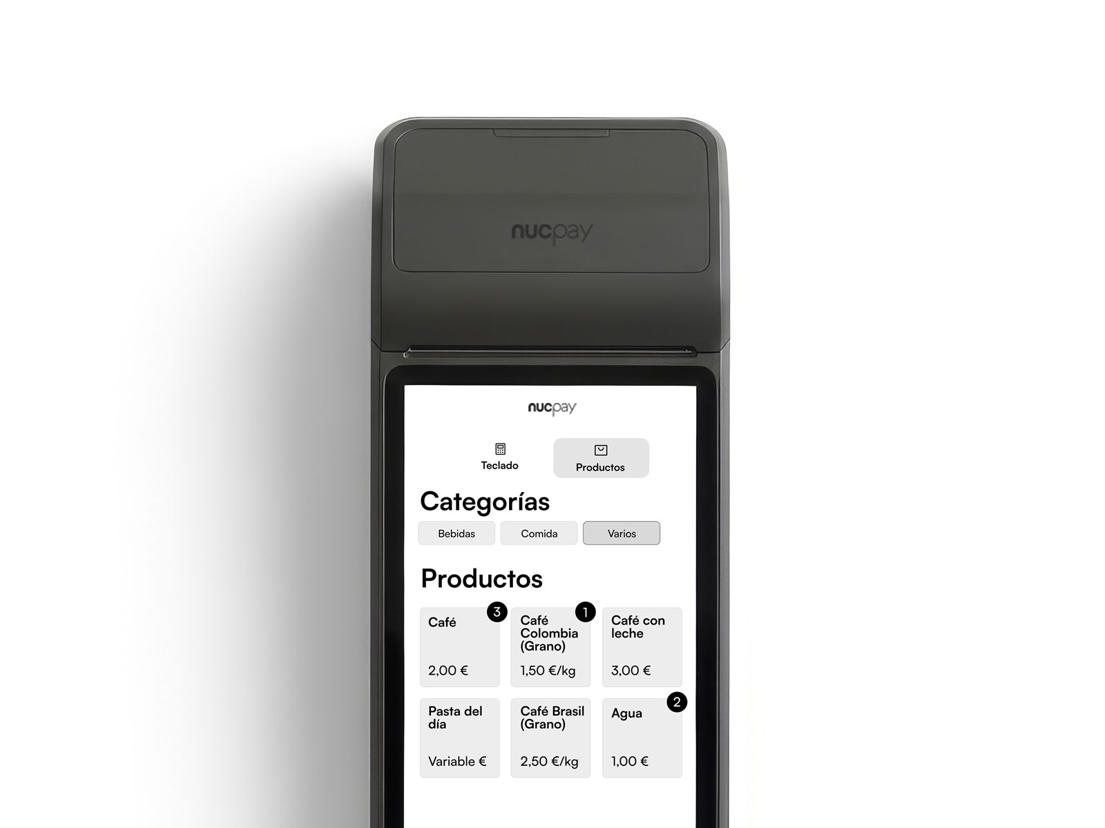Pantalla de catálogo de productos en la app Nucli Pay con sistema de facturación y pagos integrado