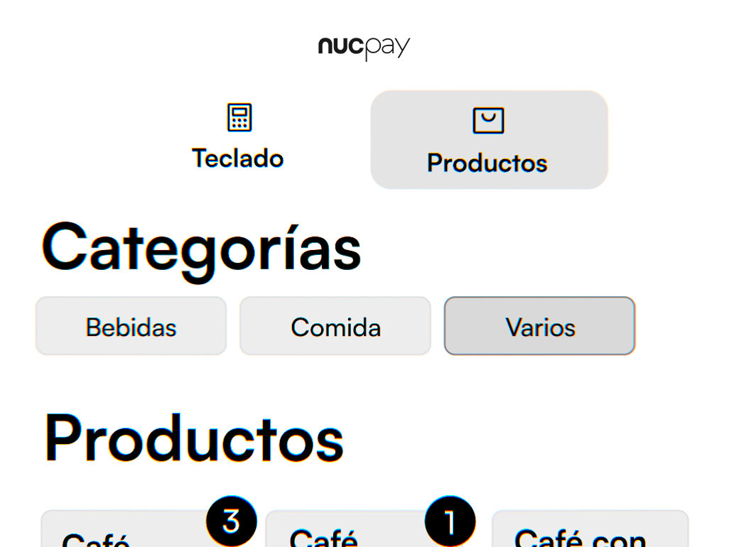 Catálogo de productos en Nuc Pay con precios y gestión de ventas en TPV