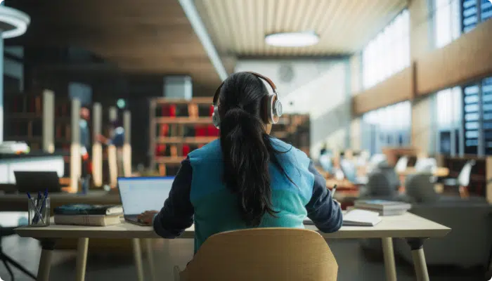 Female student on laptop in a public library working on university homework, staying informed to avoid F-1 visa OPT scams.