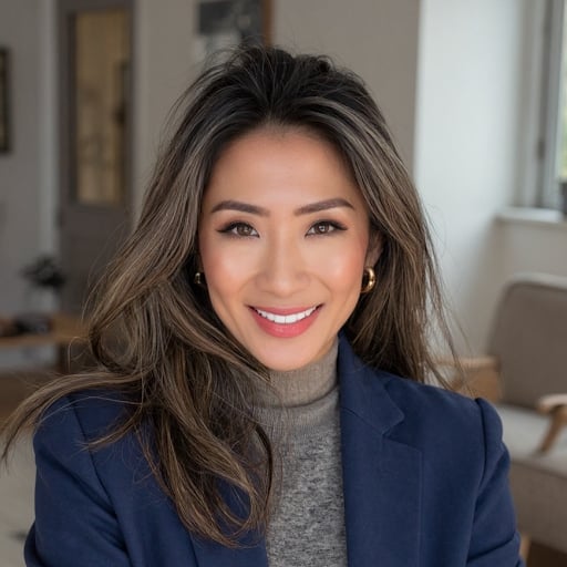 Smiling woman with long hair in gray turtleneck and navy blazer, sitting in a light indoor setting.