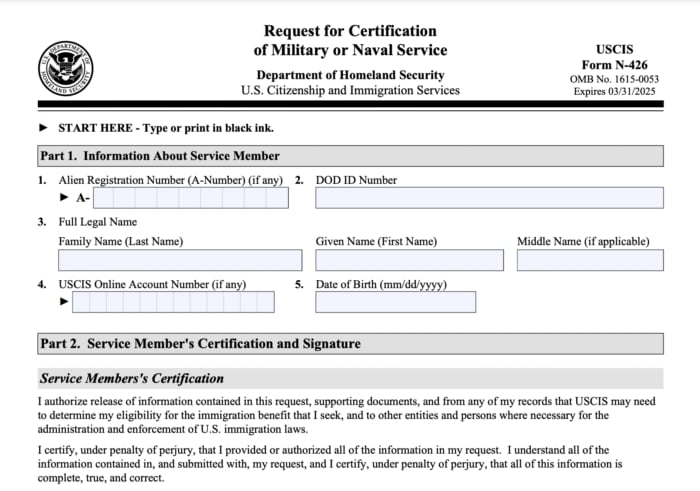 Request for Certification of Military Service - USCIS Form N-426