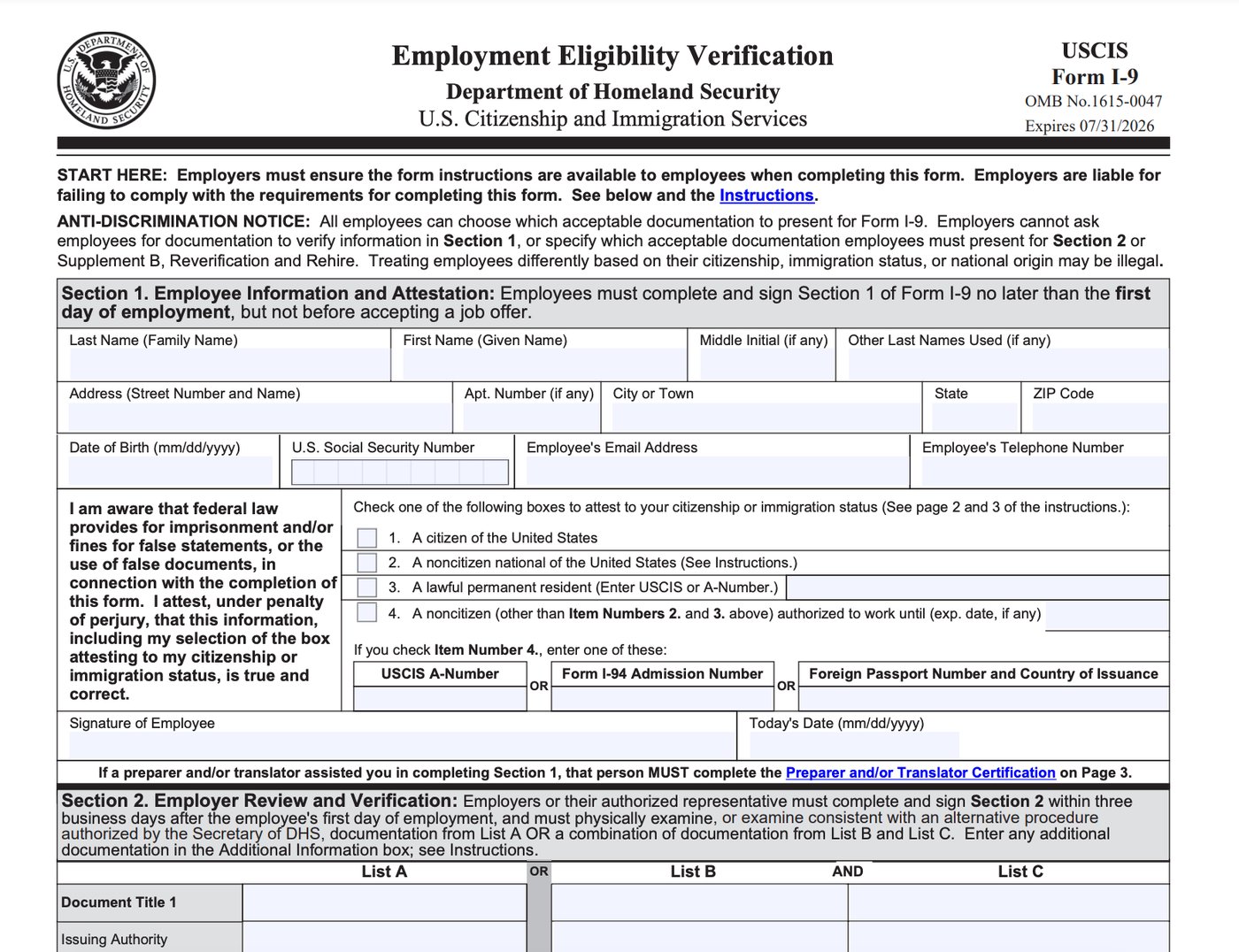 USCIS Form I-9 Sample