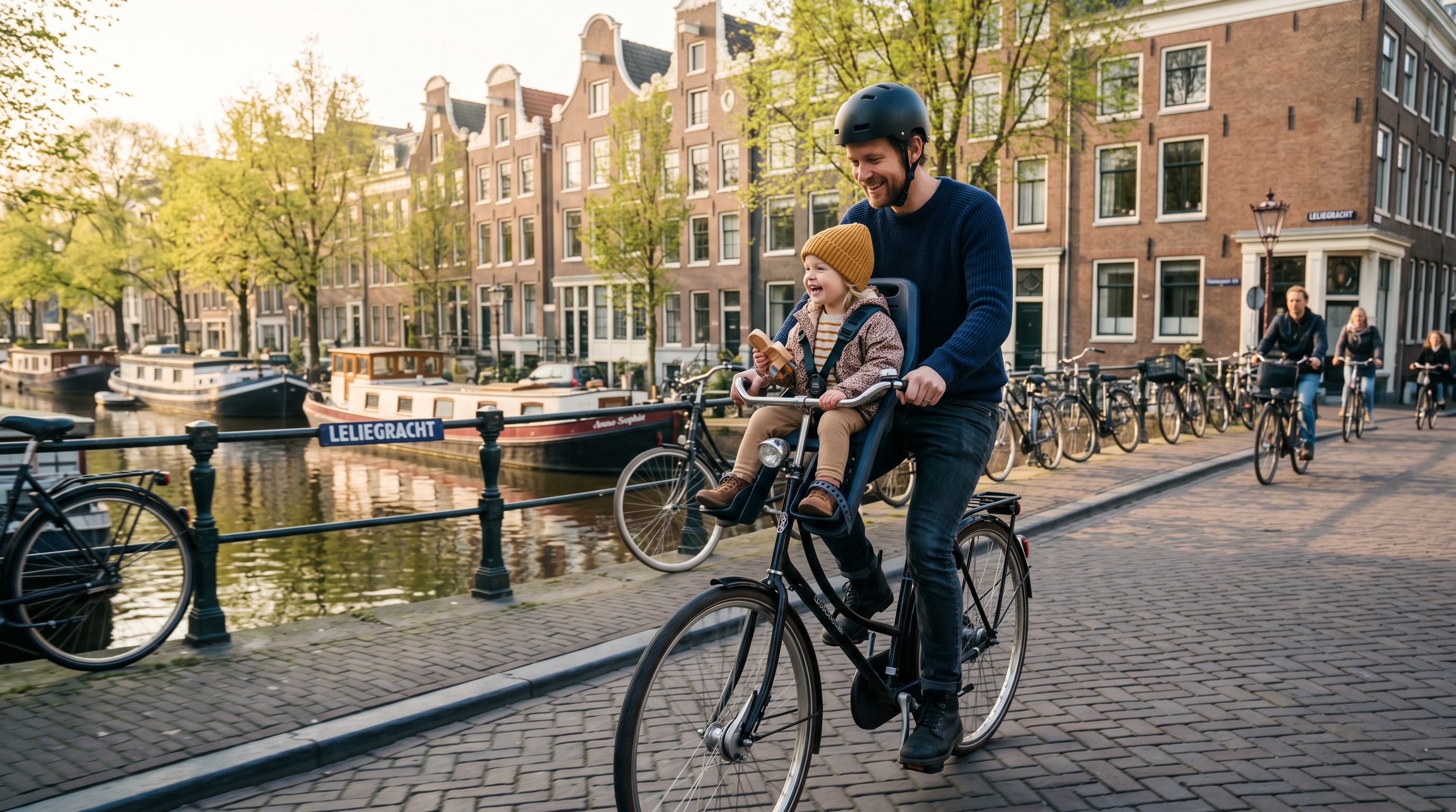 Hombre con casco anda en bicicleta con un nino en el asiento delantero, riendo en una calle junto a un canal de Amsterdam.
