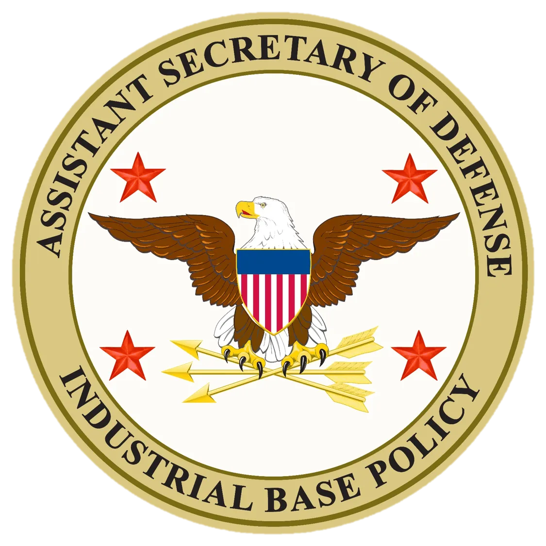 Official seal of the Assistant Secretary of Defense for Industrial Base Policy, featuring a bald eagle holding arrows, surrounded by four red stars and a gold ring with the title text.