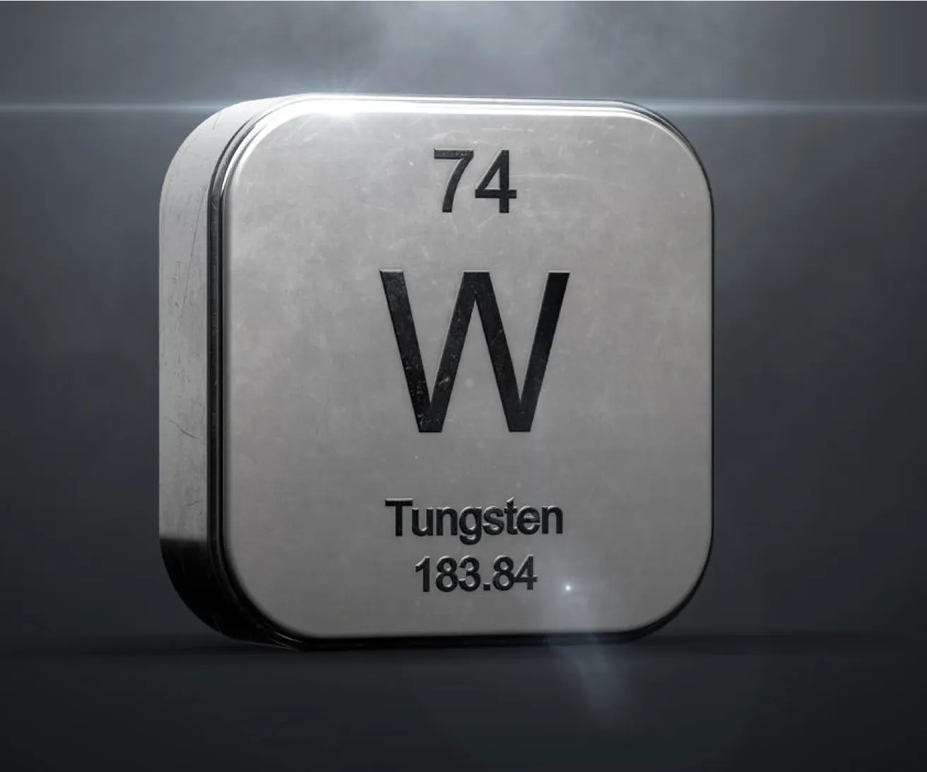 3D-rendered periodic table block representing the element tungsten, with atomic number 74 and atomic weight 183.84.