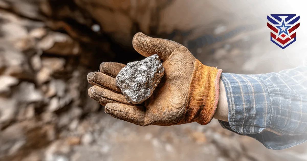 Gloved hand holding raw tungsten ore
