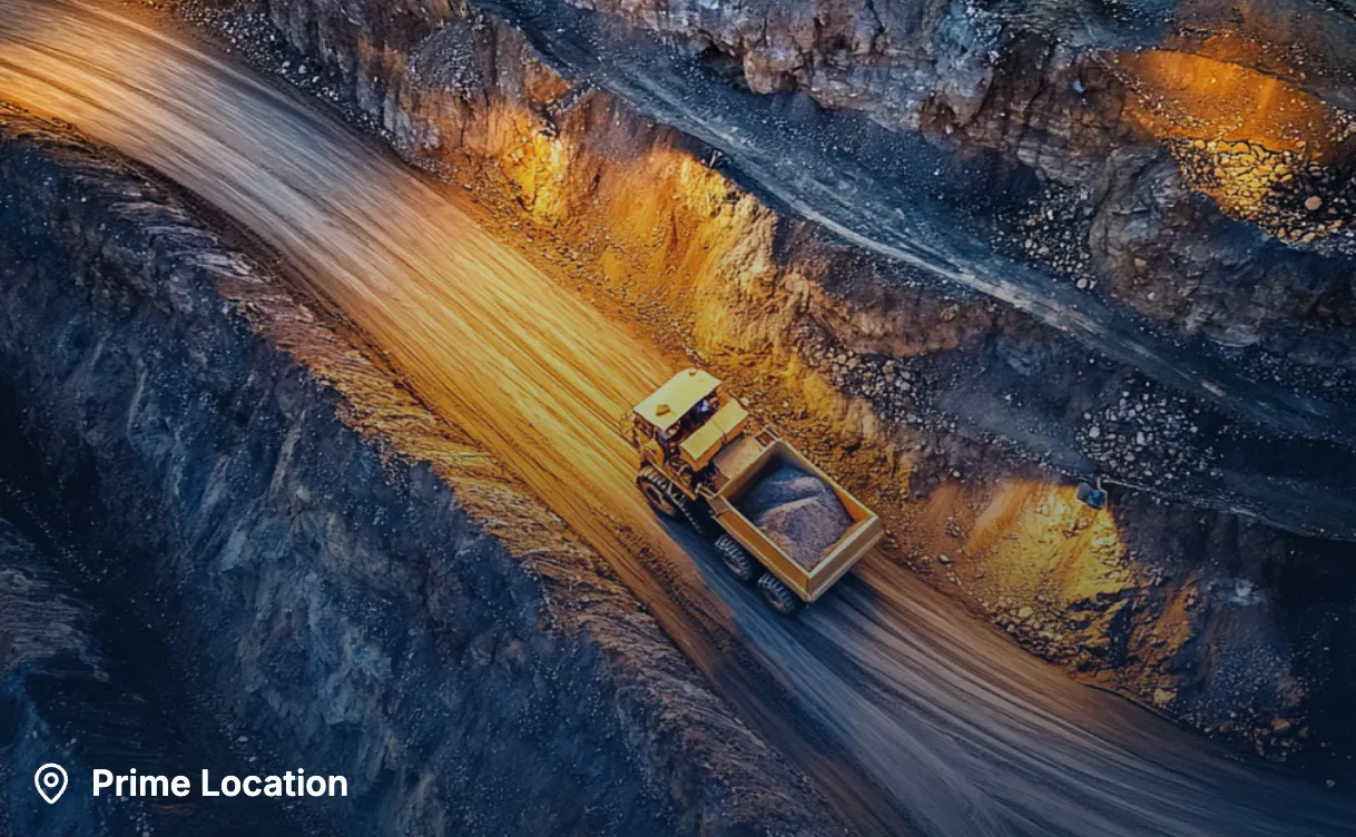 Haul truck on a winding mountain road at dusk
