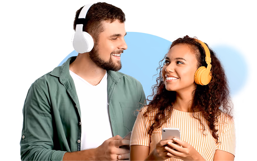 a man and woman wearing headphones