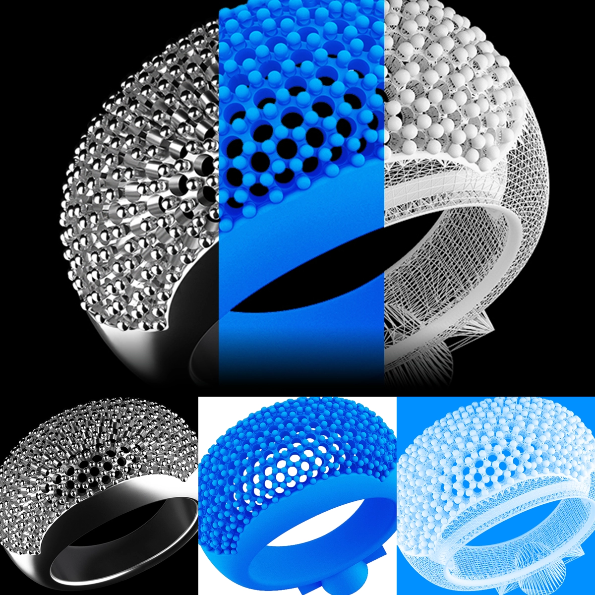 3D Rendering eines Ringes in drei verschiedenen Produktionsstadien