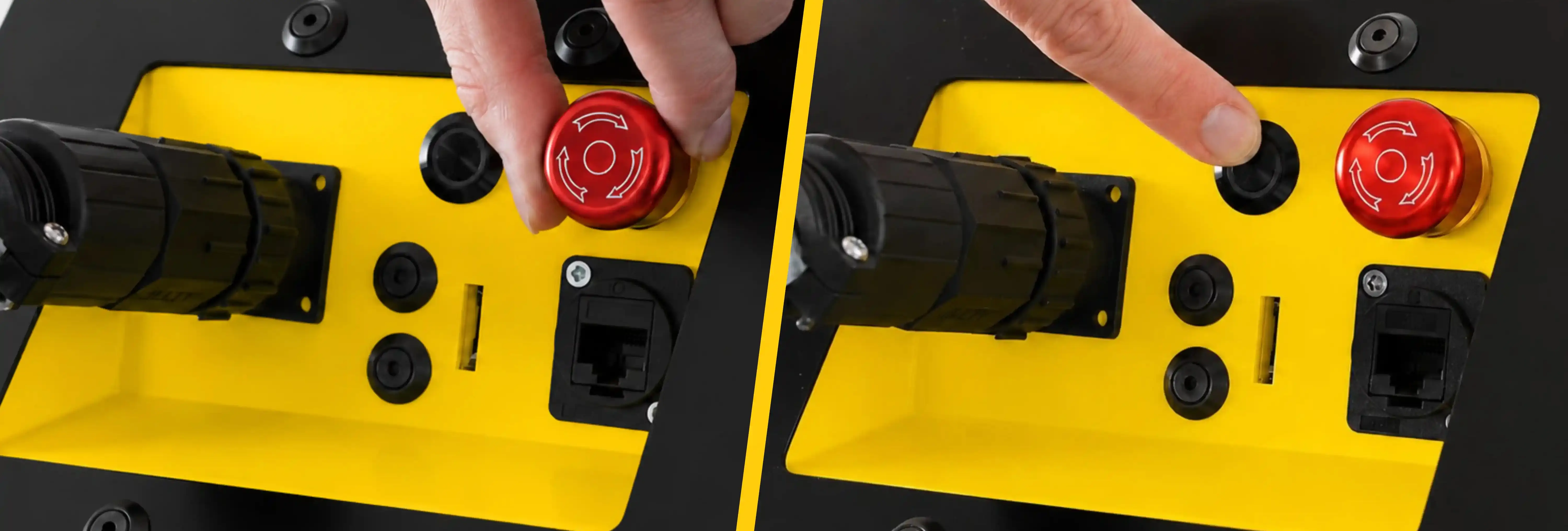 Technician releasing the emergency stop and pressing the power button on the INERGIO Mini.