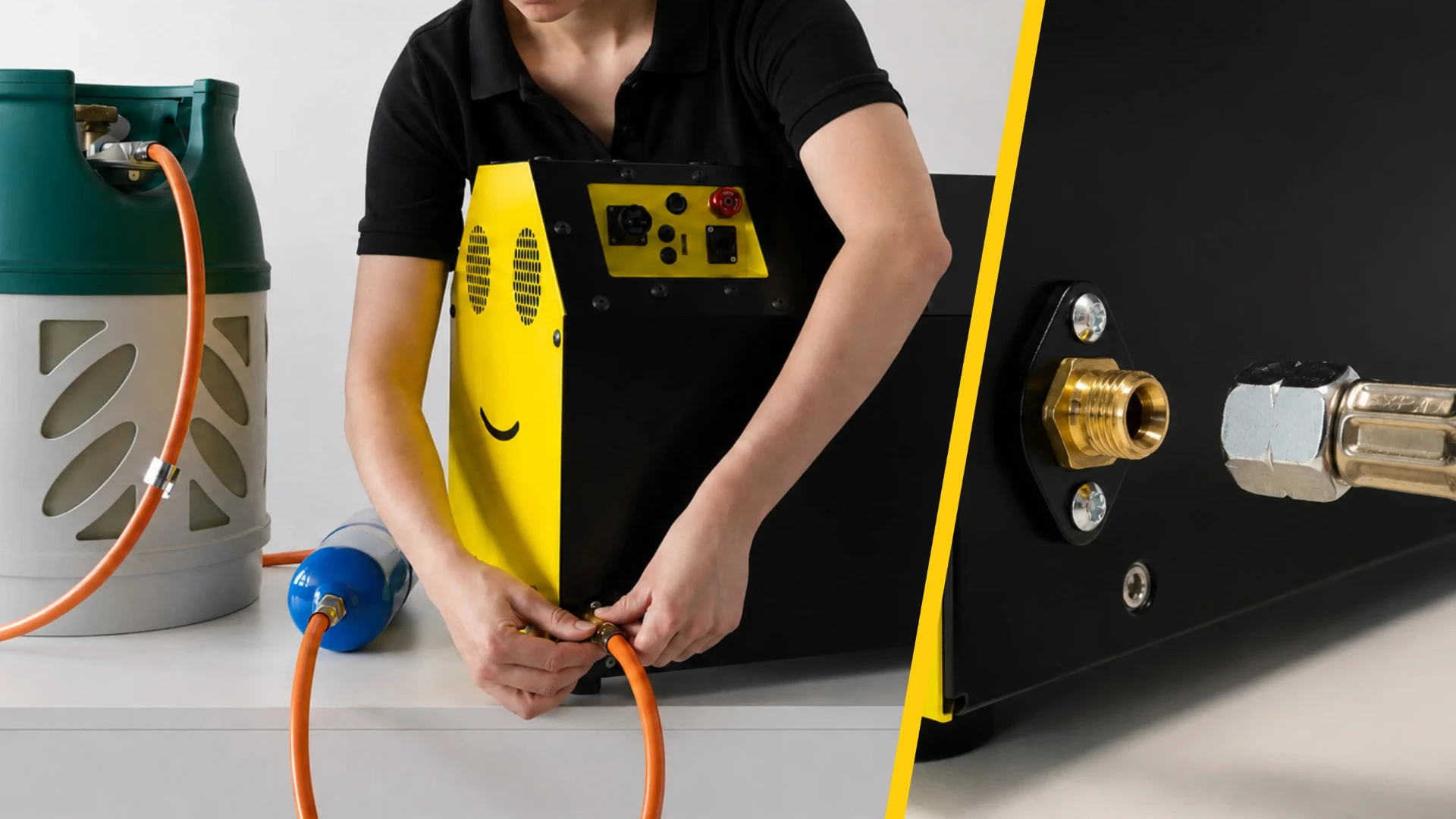 Technician connecting the propane line to the INERGIO Mini fuel cell system.