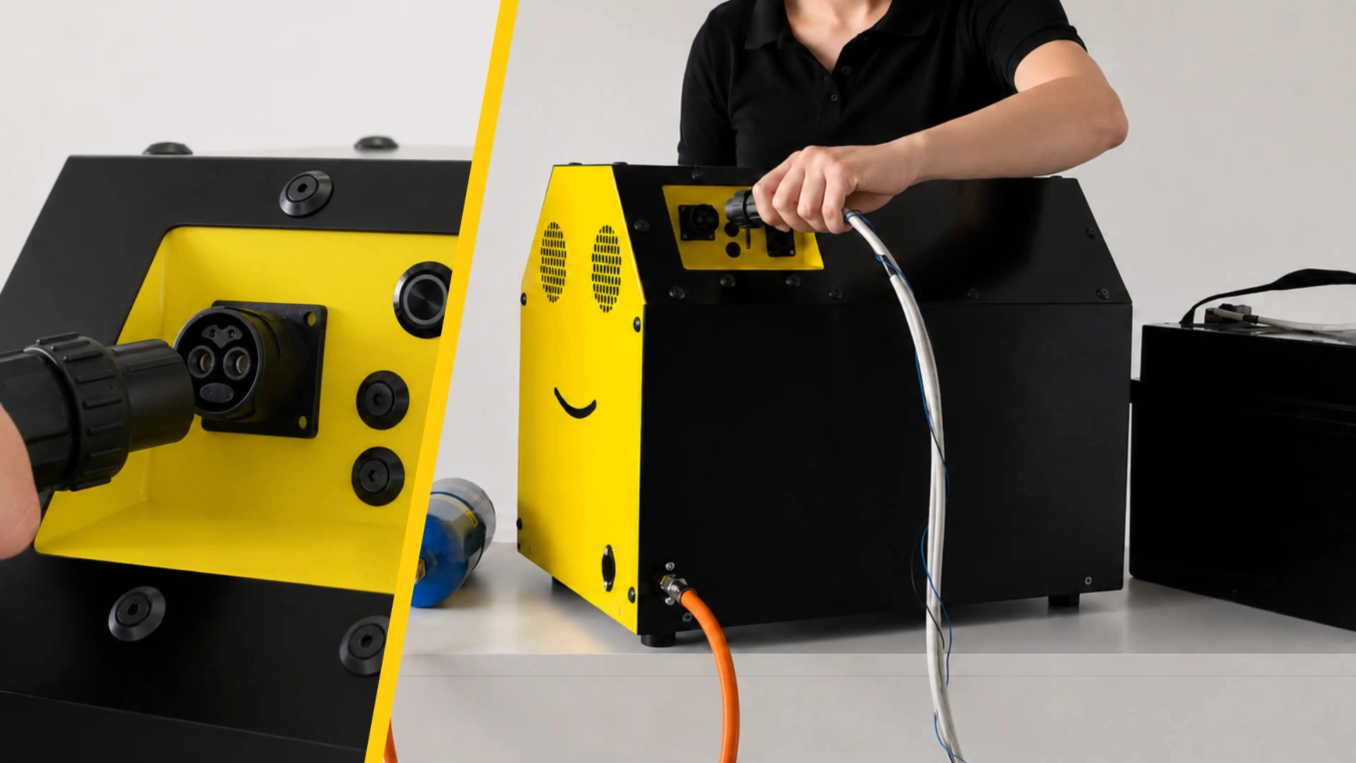 Technician connecting the battery cable to the INERGIO Mini fuel cell system.