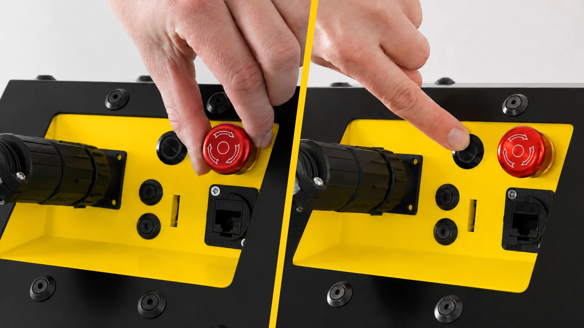 Technician releasing the emergency stop and pressing the power button on the INERGIO Mini.
