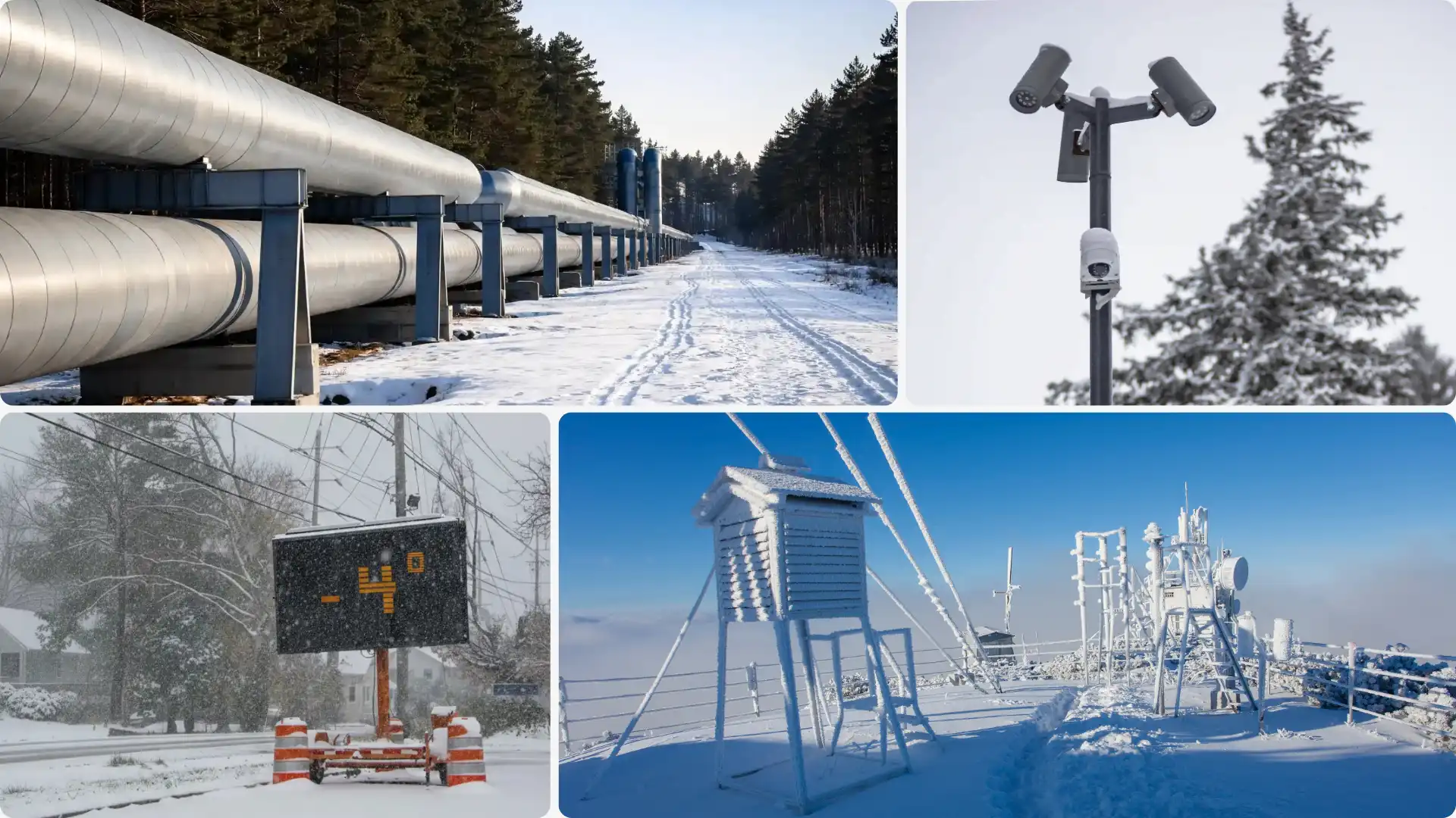 Snow-covered remote infrastructure, including pipelines, surveillance cameras, a portable traffic sign, and telecommunications equipment, operating in extreme winter conditions.