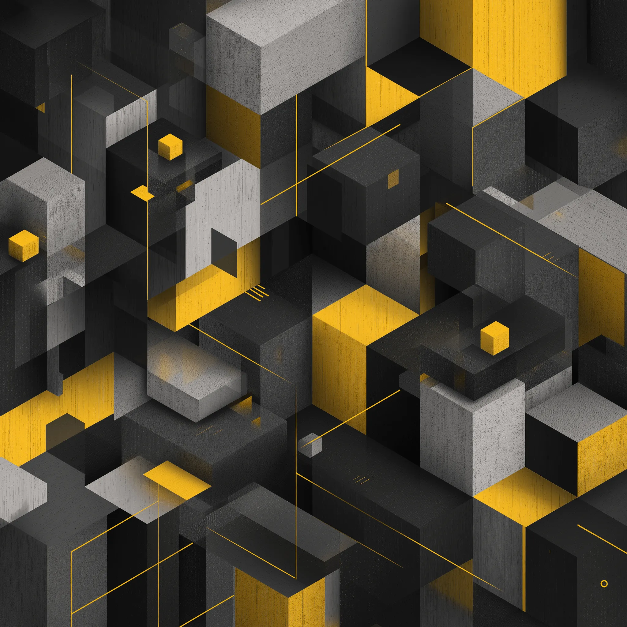 Abstraktes 3D-Muster aus schwarzen, grauen und gelben Quadern mit feinen gelben Linien.