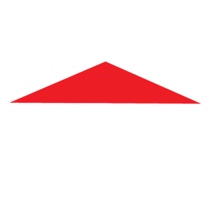 Rotes stilisiertes Dachsymbol auf weißem Hintergrund.