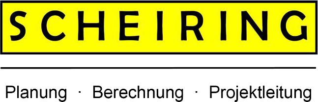 Das Logo zeigt das Wort 'SCHEIRING' in schwarzen Großbuchstaben auf gelbem Hintergrund, darunter die Begriffe Planung, Berechnung und Projektleitung getrennt durch Punkte.